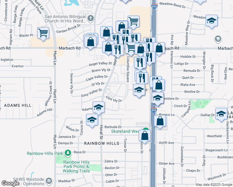 map of restaurants, bars, coffee shops, grocery stores, and more near 1980 Horal Drive in San Antonio