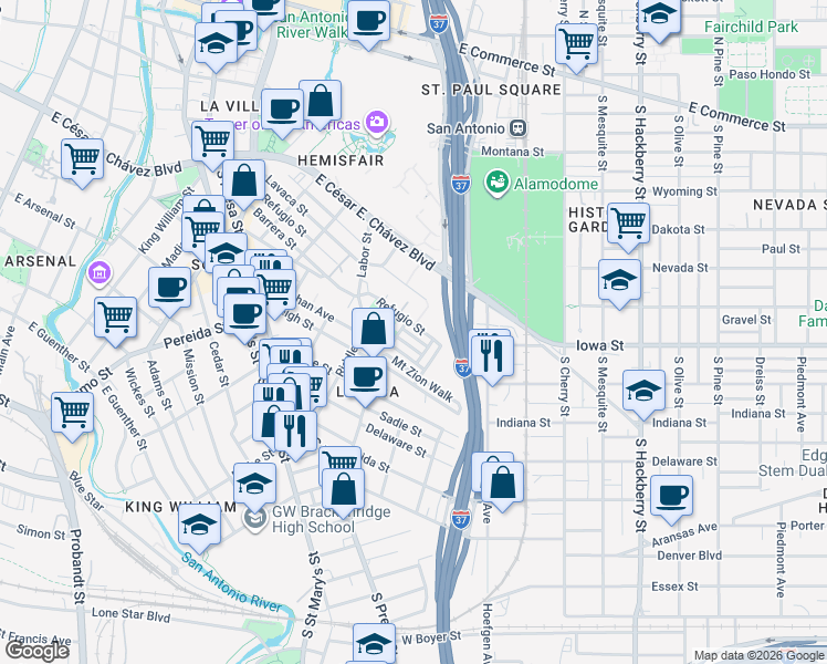 map of restaurants, bars, coffee shops, grocery stores, and more near 513 Mcmonigal Place in San Antonio