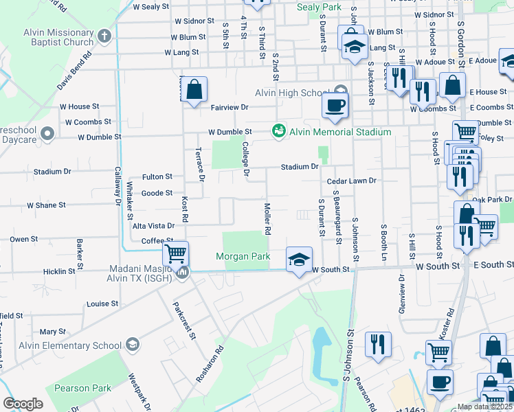 map of restaurants, bars, coffee shops, grocery stores, and more near 1507 Alta Vista Drive in Alvin