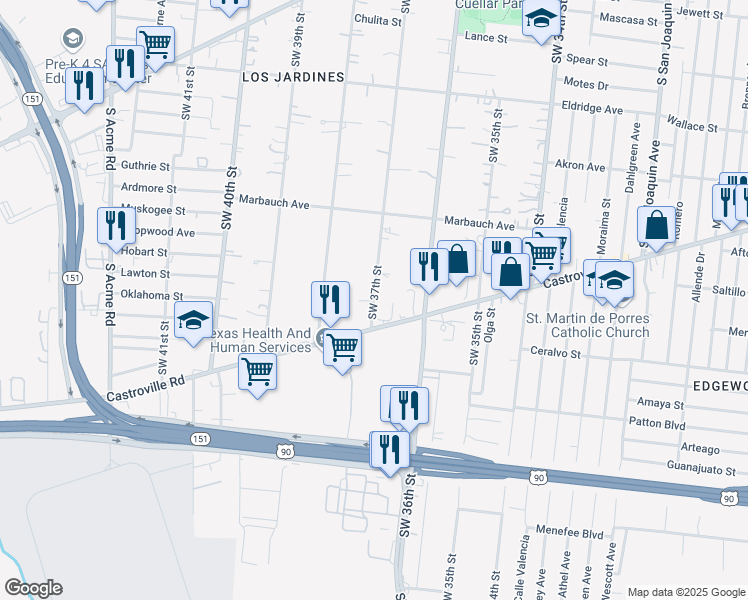 map of restaurants, bars, coffee shops, grocery stores, and more near 999 Southwest 37th Street in San Antonio