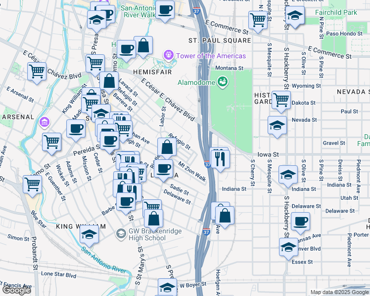 map of restaurants, bars, coffee shops, grocery stores, and more near 513 Mcmonigal Place in San Antonio