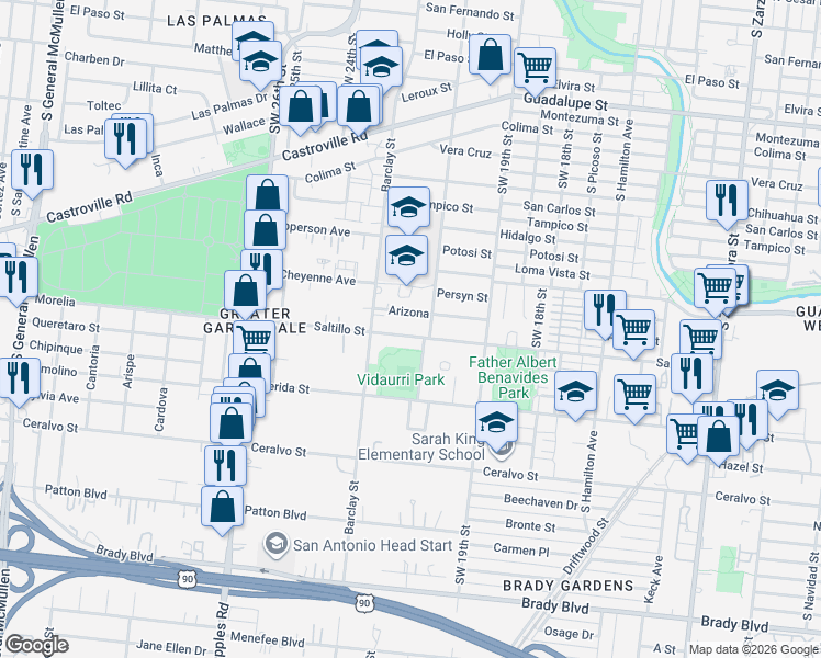 map of restaurants, bars, coffee shops, grocery stores, and more near 1708 Saltillo Street in San Antonio