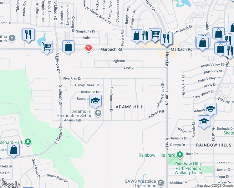 map of restaurants, bars, coffee shops, grocery stores, and more near 9439 Shields Drive in San Antonio