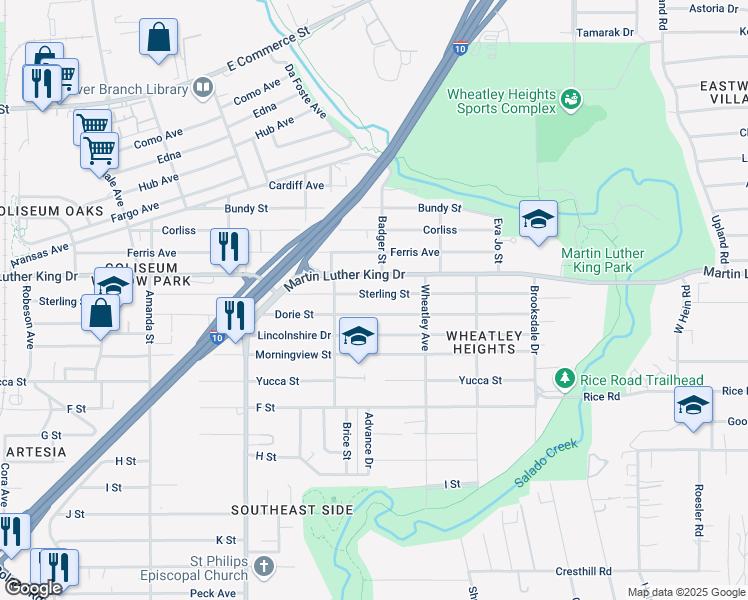 map of restaurants, bars, coffee shops, grocery stores, and more near 351 Dorie Street in San Antonio