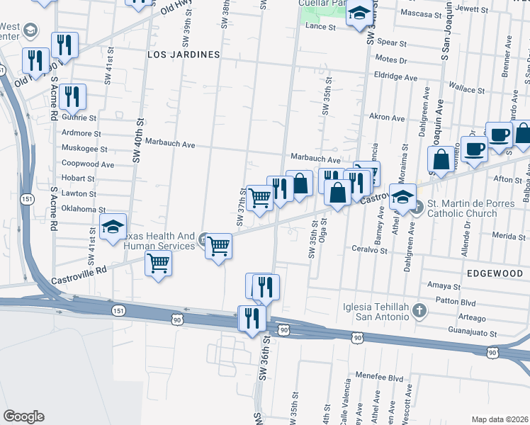 map of restaurants, bars, coffee shops, grocery stores, and more near 2417 Castroville Road in San Antonio