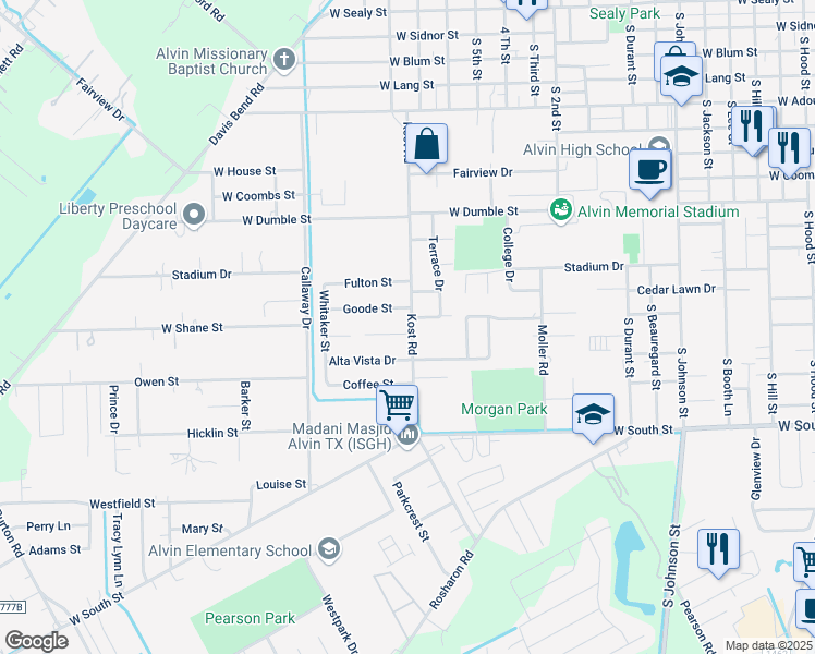 map of restaurants, bars, coffee shops, grocery stores, and more near 1717 Heather Lane in Alvin