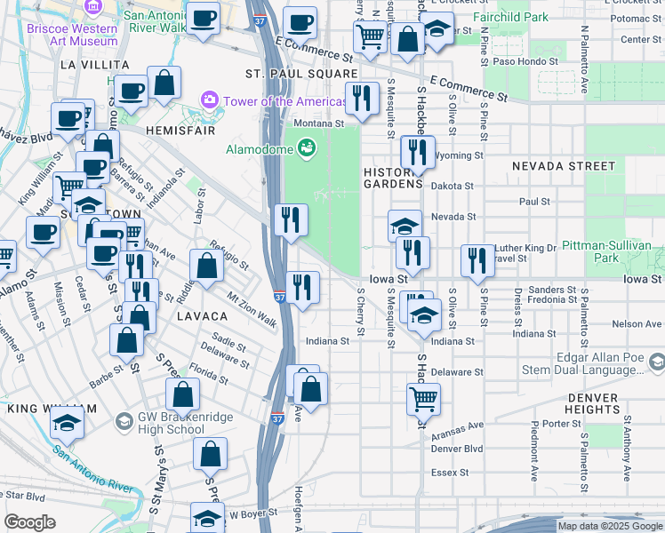 map of restaurants, bars, coffee shops, grocery stores, and more near 655 Durango Run in San Antonio