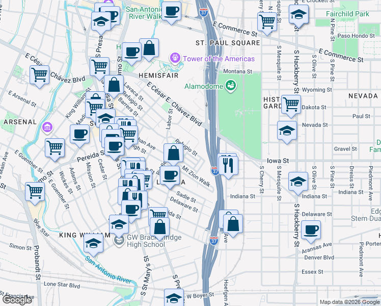 map of restaurants, bars, coffee shops, grocery stores, and more near 513 Mcmonigal Place in San Antonio