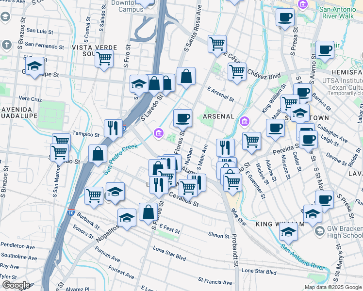 map of restaurants, bars, coffee shops, grocery stores, and more near 1211 South Flores Street in San Antonio