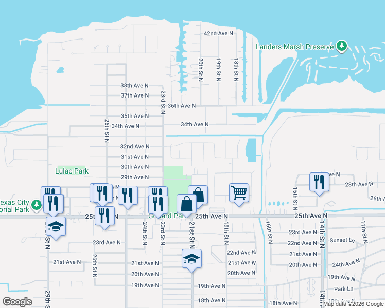 map of restaurants, bars, coffee shops, grocery stores, and more near 2802 21st Street North in Texas City