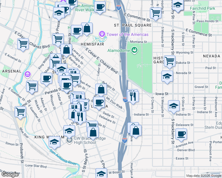map of restaurants, bars, coffee shops, grocery stores, and more near 513 Mcmonigal Place in San Antonio