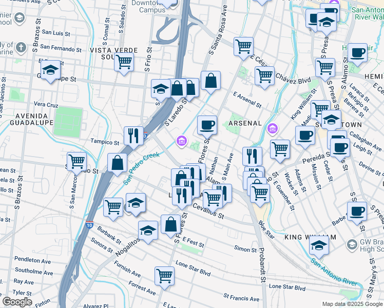 map of restaurants, bars, coffee shops, grocery stores, and more near 1211 South Flores Street in San Antonio