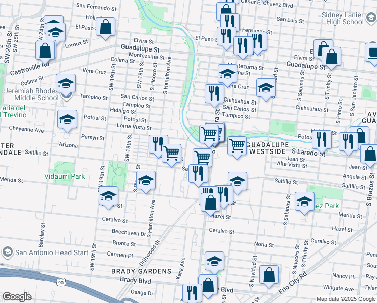map of restaurants, bars, coffee shops, grocery stores, and more near 1547 South Zarzamora Street in San Antonio