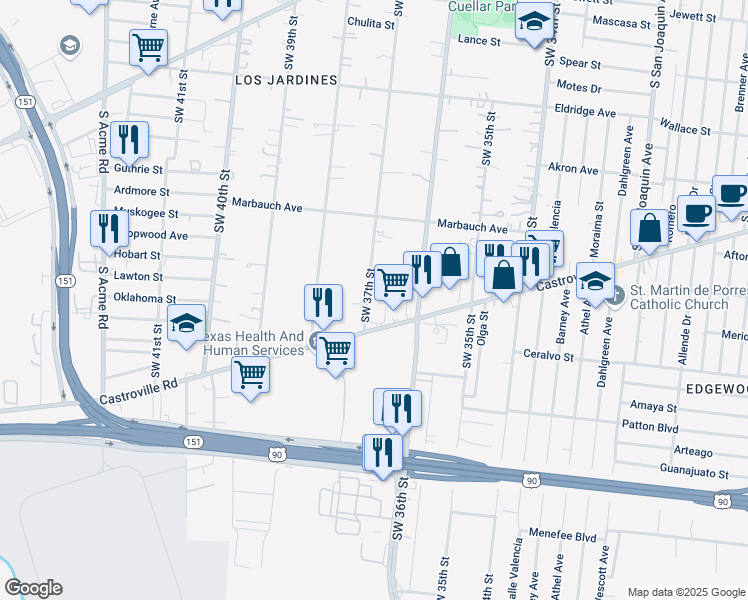 map of restaurants, bars, coffee shops, grocery stores, and more near 2417 Castroville Road in San Antonio