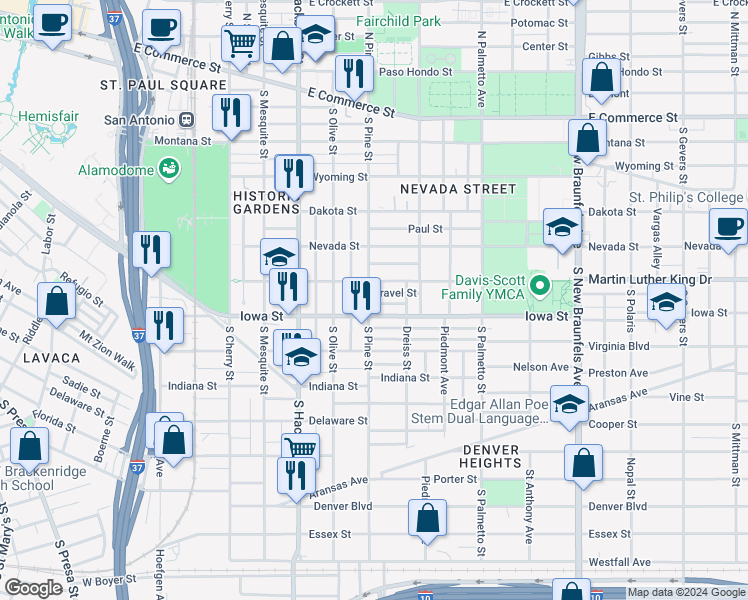 map of restaurants, bars, coffee shops, grocery stores, and more near 618 South Pine Street in San Antonio