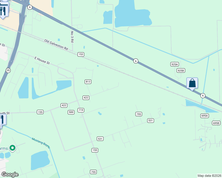 map of restaurants, bars, coffee shops, grocery stores, and more near 3063 County Road 422 in Alvin