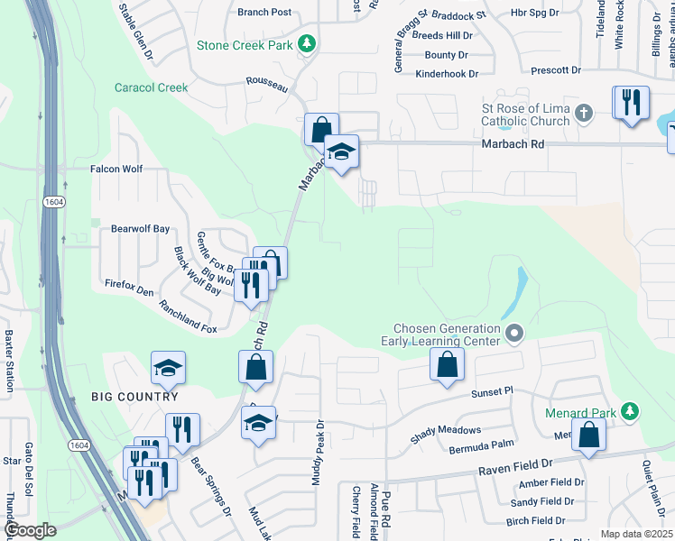 map of restaurants, bars, coffee shops, grocery stores, and more near 2403 Pue Road in San Antonio