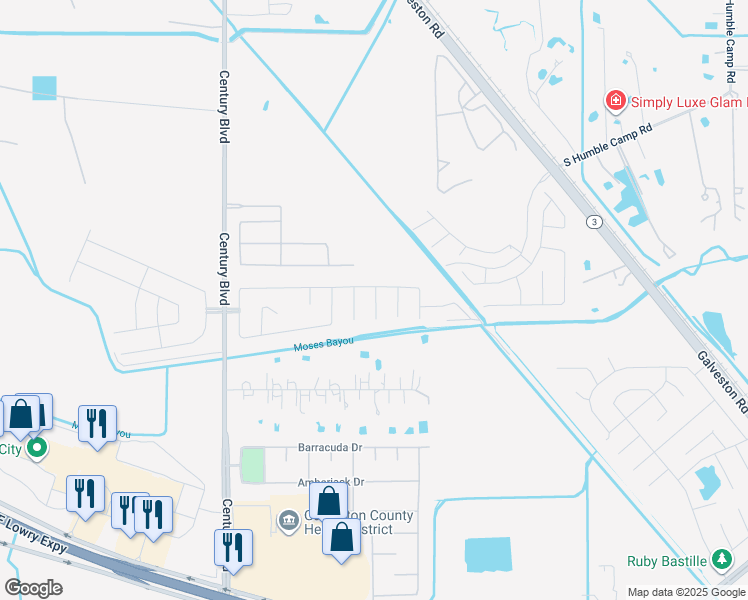 map of restaurants, bars, coffee shops, grocery stores, and more near Honeysuckle Drive in Texas City