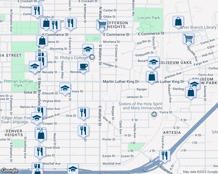 map of restaurants, bars, coffee shops, grocery stores, and more near 202 Poppy Street in San Antonio