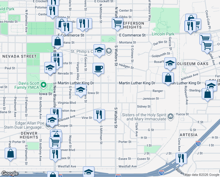 map of restaurants, bars, coffee shops, grocery stores, and more near 2120 Iowa Street in San Antonio