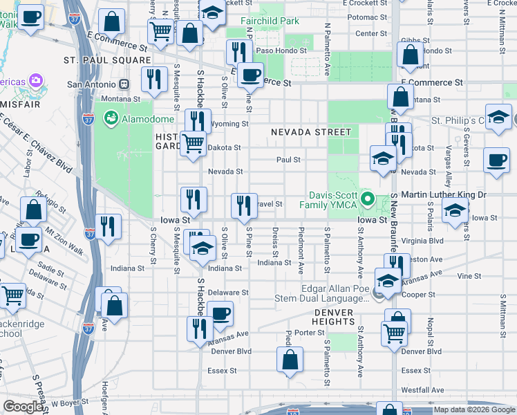 map of restaurants, bars, coffee shops, grocery stores, and more near in San Antonio