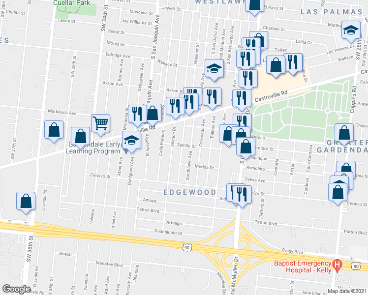 map of restaurants, bars, coffee shops, grocery stores, and more near 1725 Madrid Street in San Antonio