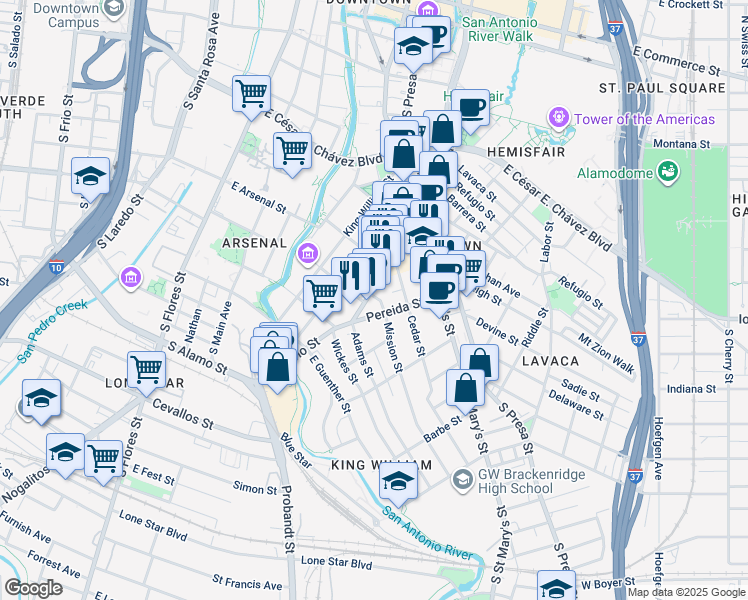 map of restaurants, bars, coffee shops, grocery stores, and more near 412 Pereida Street in San Antonio