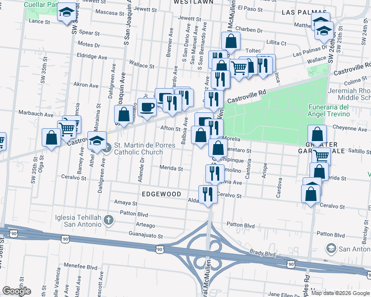 map of restaurants, bars, coffee shops, grocery stores, and more near 236 Balboa Avenue in San Antonio