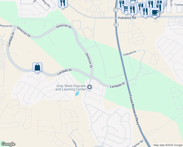 map of restaurants, bars, coffee shops, grocery stores, and more near 14302 Omicron Drive in San Antonio