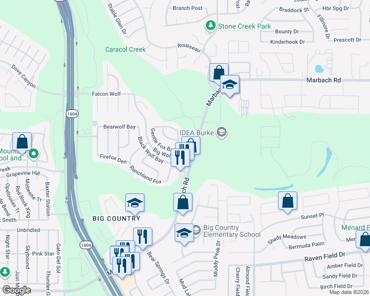 map of restaurants, bars, coffee shops, grocery stores, and more near 1858 Gray Fox Creek in San Antonio