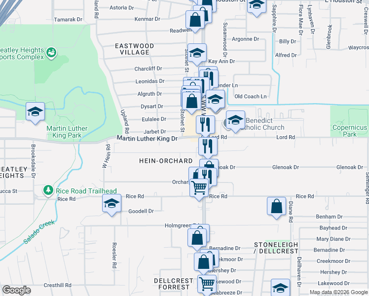 map of restaurants, bars, coffee shops, grocery stores, and more near 4419 North Hein Road in San Antonio