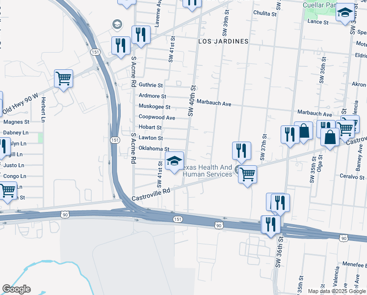 map of restaurants, bars, coffee shops, grocery stores, and more near 982 Southwest 40th Street in San Antonio