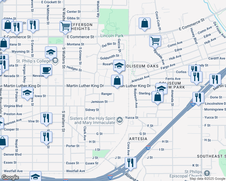 map of restaurants, bars, coffee shops, grocery stores, and more near 1512 Hedges Street in San Antonio