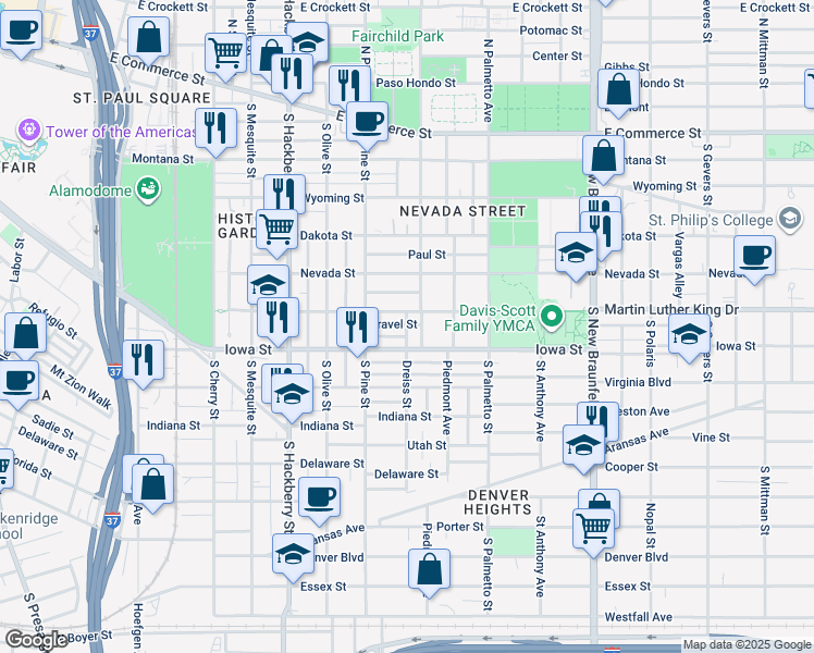 map of restaurants, bars, coffee shops, grocery stores, and more near 629 Martin Luther King Drive in San Antonio