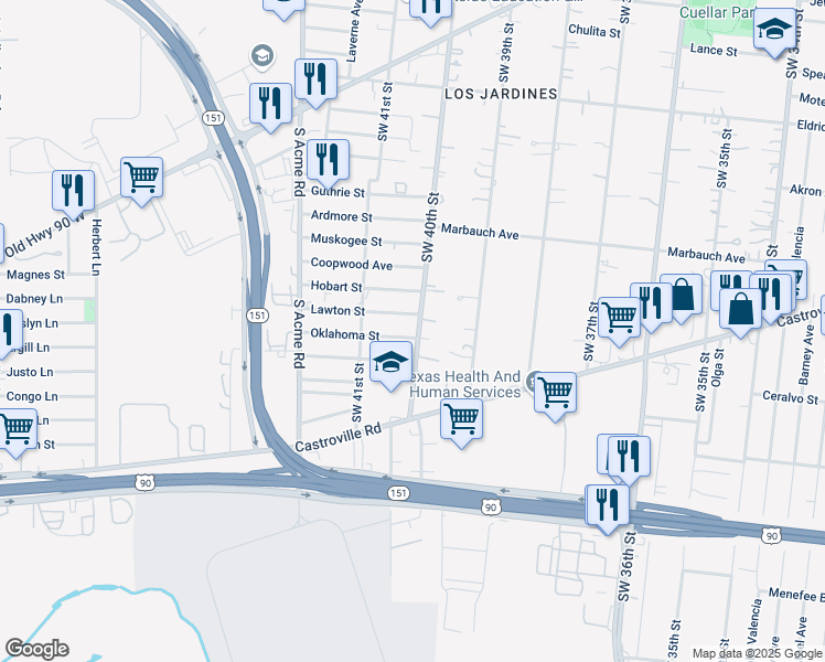 map of restaurants, bars, coffee shops, grocery stores, and more near 982 Southwest 40th Street in San Antonio