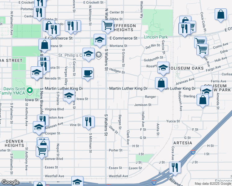 map of restaurants, bars, coffee shops, grocery stores, and more near 2031 Martin Luther King Drive in San Antonio