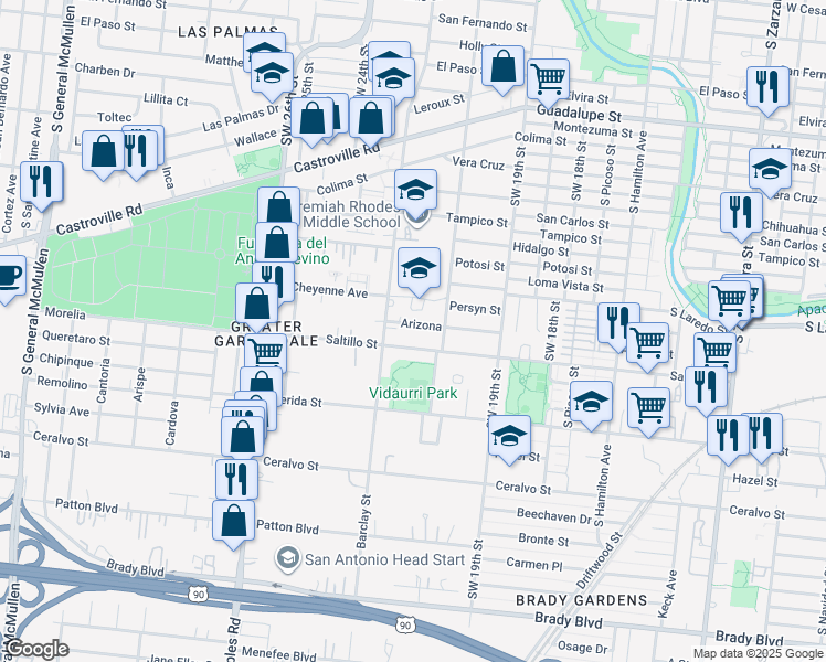 map of restaurants, bars, coffee shops, grocery stores, and more near 225 Arizona in San Antonio