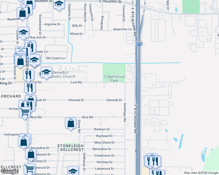 map of restaurants, bars, coffee shops, grocery stores, and more near 4946 Lord Road in San Antonio