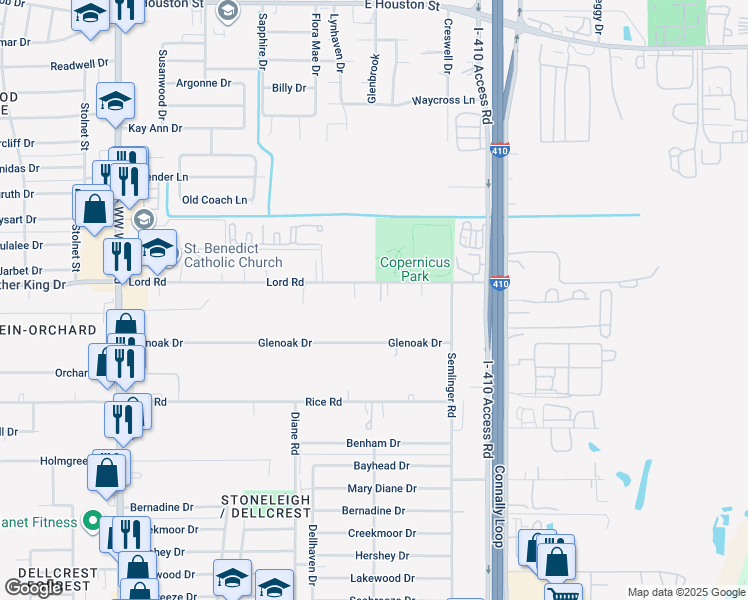 map of restaurants, bars, coffee shops, grocery stores, and more near 4946 Lord Road in San Antonio