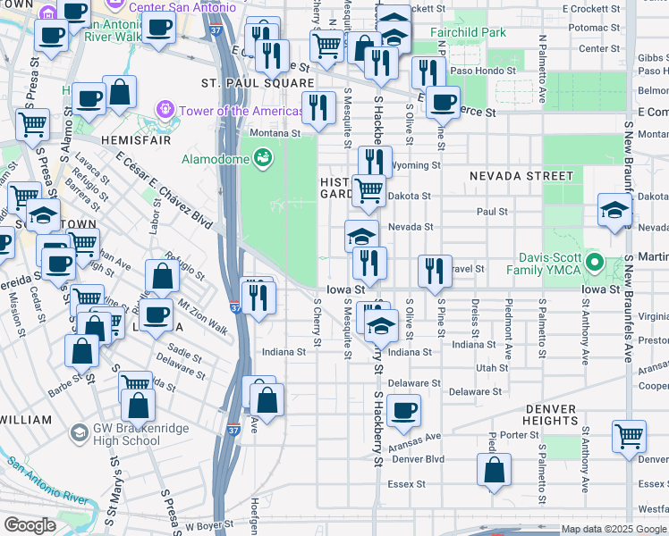 map of restaurants, bars, coffee shops, grocery stores, and more near 631 South Mesquite in San Antonio