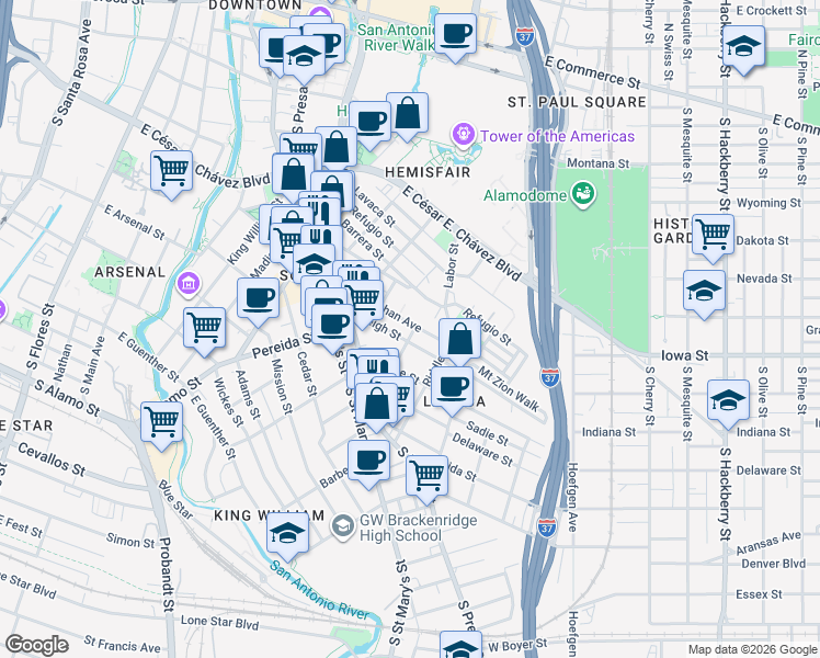 map of restaurants, bars, coffee shops, grocery stores, and more near 406 Barrera Street in San Antonio
