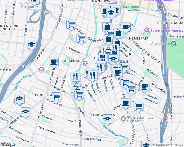 map of restaurants, bars, coffee shops, grocery stores, and more near 410 Madison Street in San Antonio