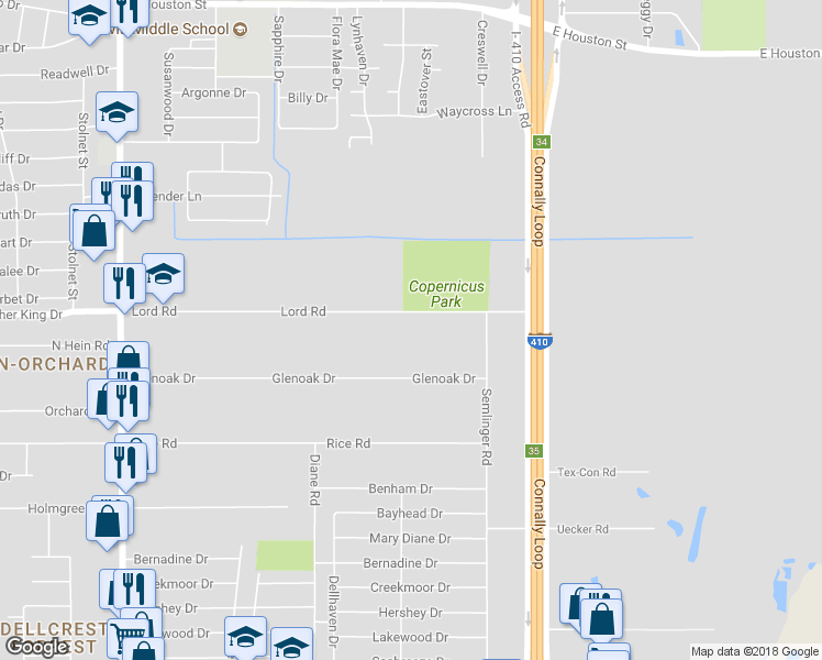 map of restaurants, bars, coffee shops, grocery stores, and more near 4946 Lord Road in San Antonio