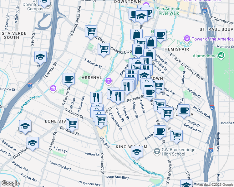 map of restaurants, bars, coffee shops, grocery stores, and more near 410 Madison Street in San Antonio