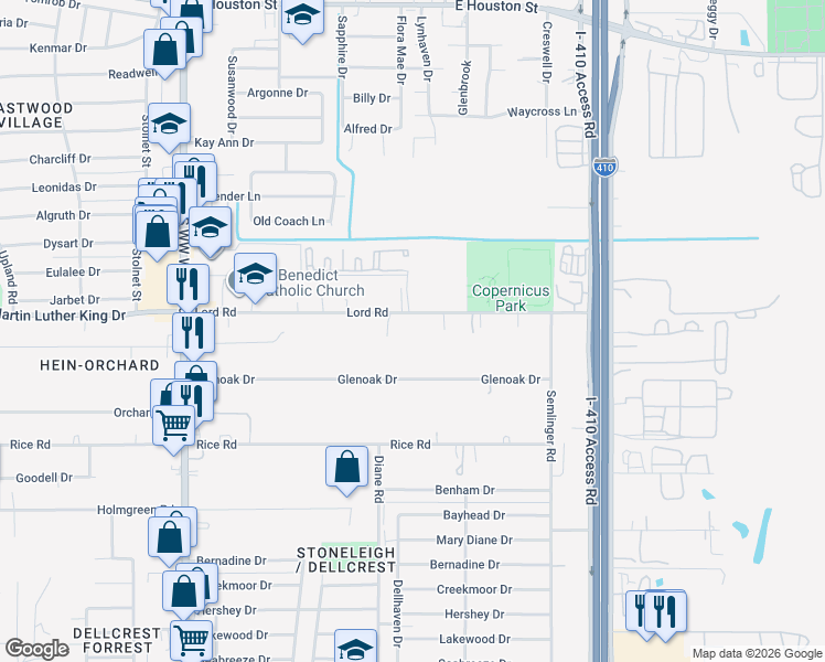 map of restaurants, bars, coffee shops, grocery stores, and more near 4822 Lord Road in San Antonio