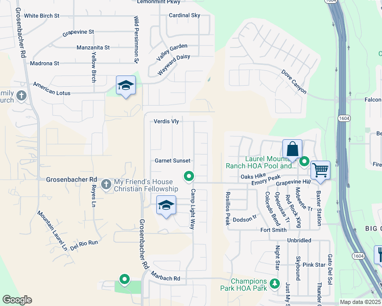 map of restaurants, bars, coffee shops, grocery stores, and more near 1827 Camp Light Way in San Antonio