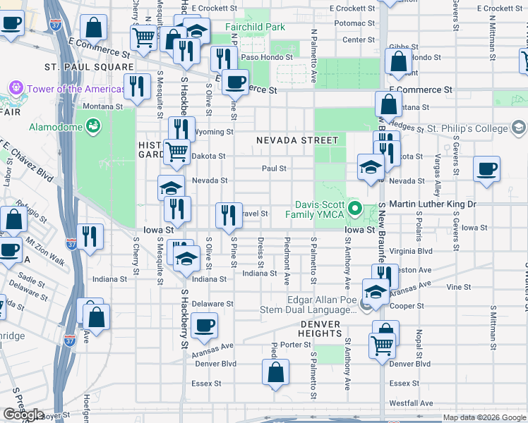 map of restaurants, bars, coffee shops, grocery stores, and more near 629 Martin Luther King Drive in San Antonio