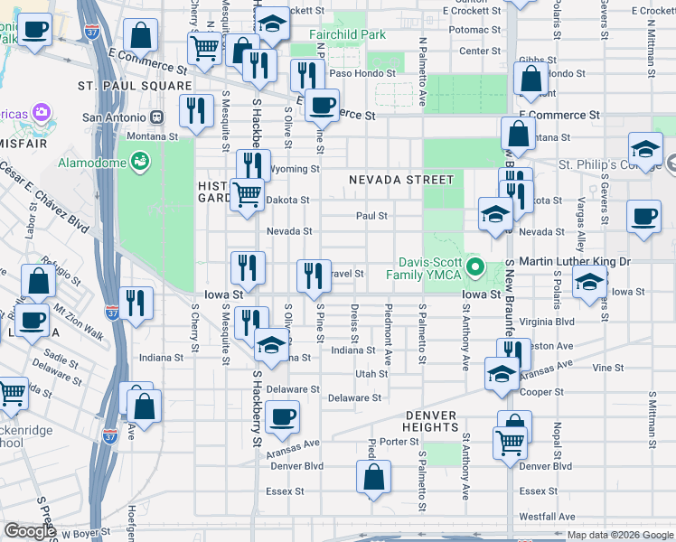 map of restaurants, bars, coffee shops, grocery stores, and more near 629 Martin Luther King Drive in San Antonio
