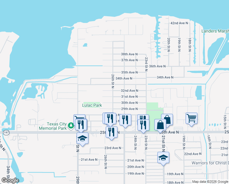 map of restaurants, bars, coffee shops, grocery stores, and more near 2526 32nd Avenue North in Texas City