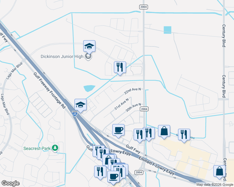 map of restaurants, bars, coffee shops, grocery stores, and more near 3224 111th Street North in Texas City